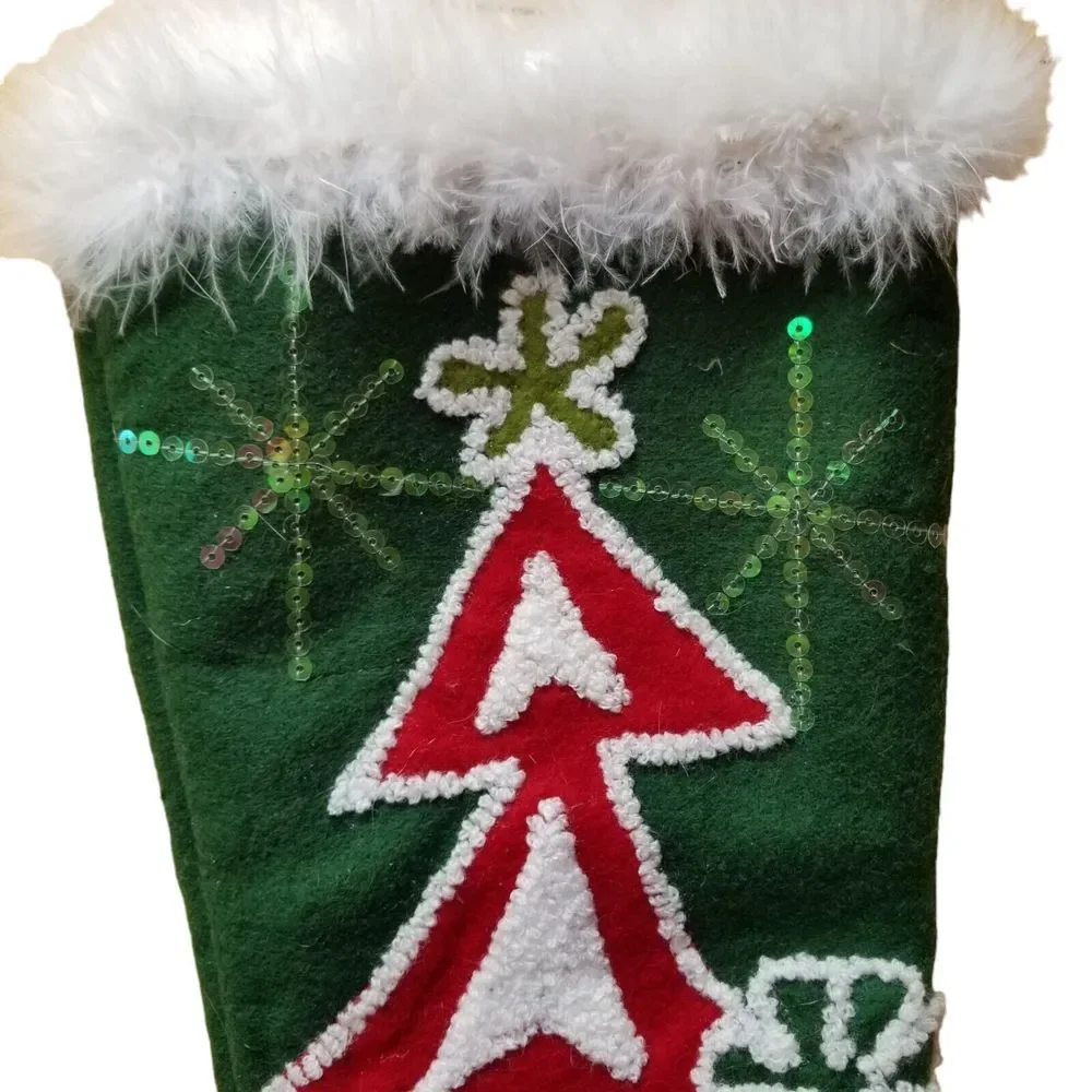 Pier 1 Imports Christmas Stocking High Heel Shoe 22” x 9” Feather Trim Sequins